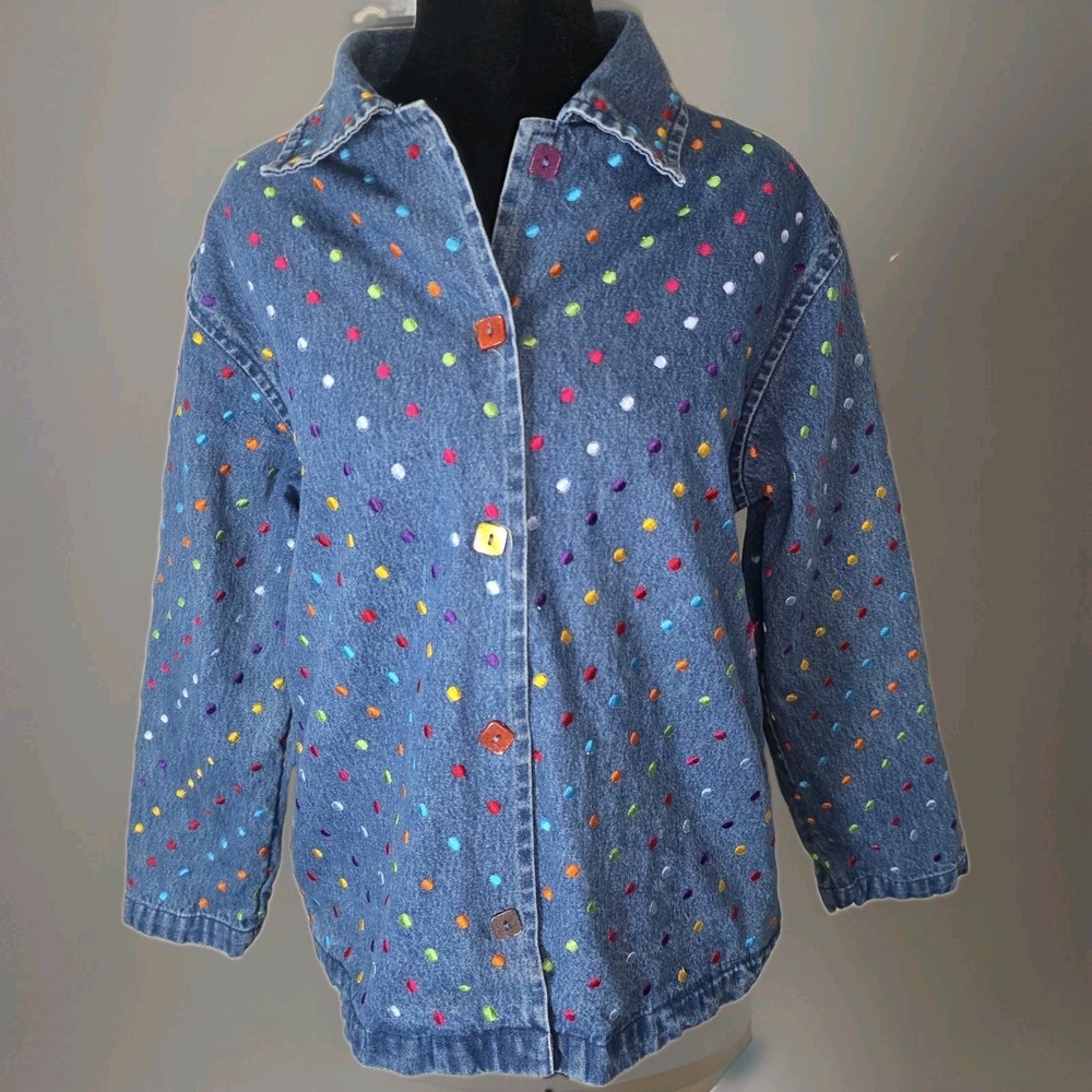 Vintage Bedford Fair Womens PS Blue Embroidered Polka Dot Denim Jacket 90s